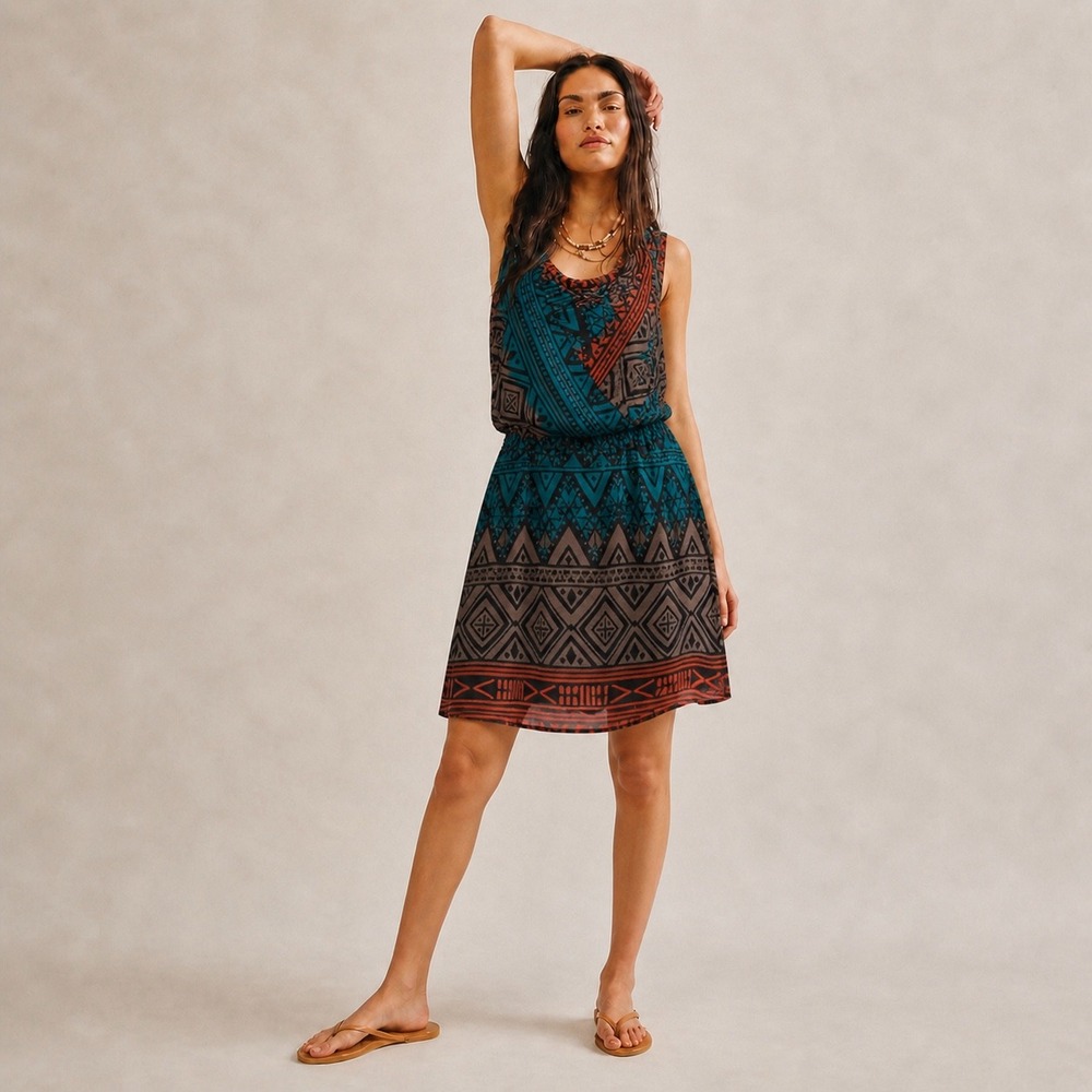Boho Chic Y2K Mini Dress L Aztec Geometric Southwestern Summer Casual Festival‎